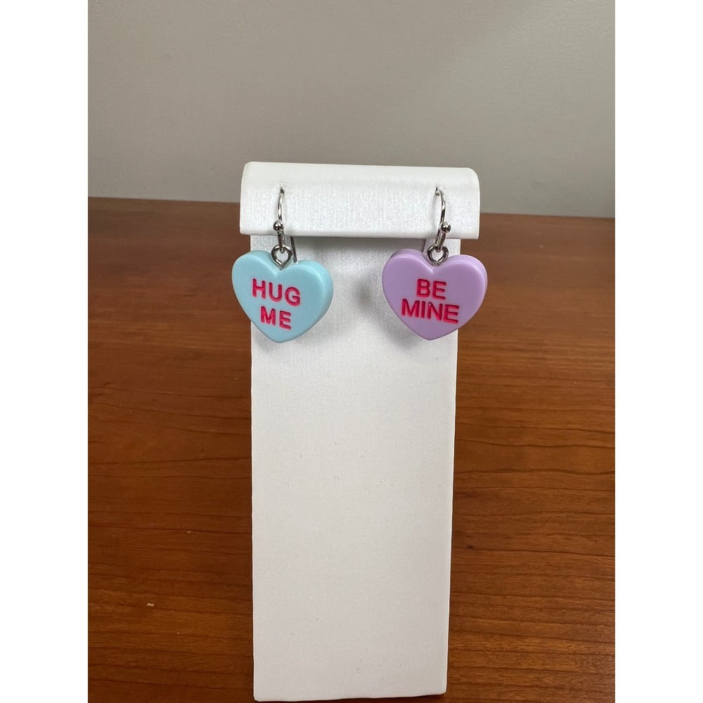 Conversation Heart Drop Earrings Blue Purple Hug Me Be Mine Valentine Jewelry